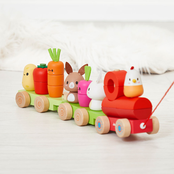 Zestaw drewniane klocki - pociąg z figurkami Farma, dla dzieci, 12 m+, Janod