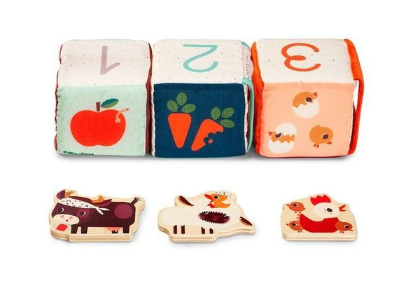 Zestaw 3 kostek aktywizujących wielofunkcyjnych z ukrytymi elementami Farma 18 m+, Lilliputiens