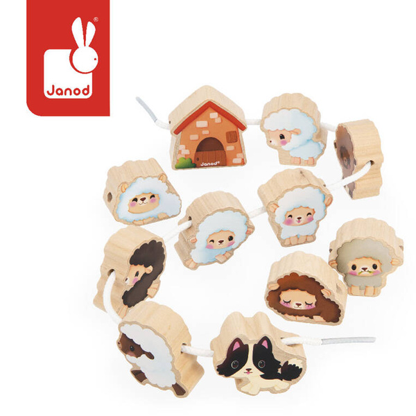 Edukacyjna Nawlekanka z drewnianymi owieczkami Farma 2 lata+, Janod