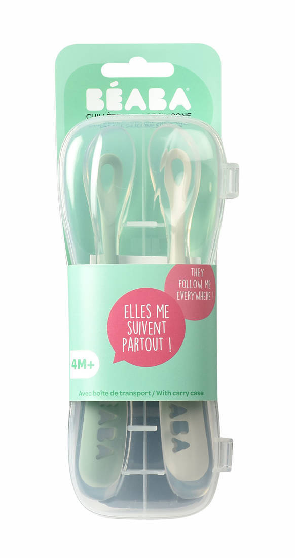 Zestaw 2 łyżeczek silikonowych w podróżnym etui 4 m+ Sage Green Beaba