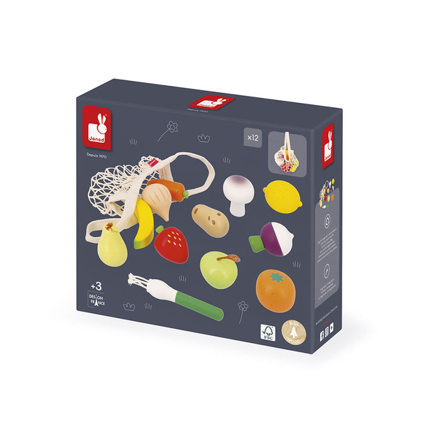 Zestaw drewnianych warzyw i owoców w siatce, dla dzieci, 3 lata+, Janod