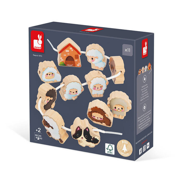 Edukacyjna Nawlekanka z drewnianymi owieczkami Farma 2 lata+, Janod