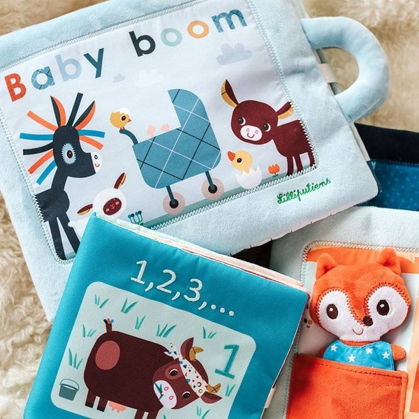 Miękka książeczka aktywizująca z mini - przytulankami „Baby boom” Farma 18 m+, Lilliputiens