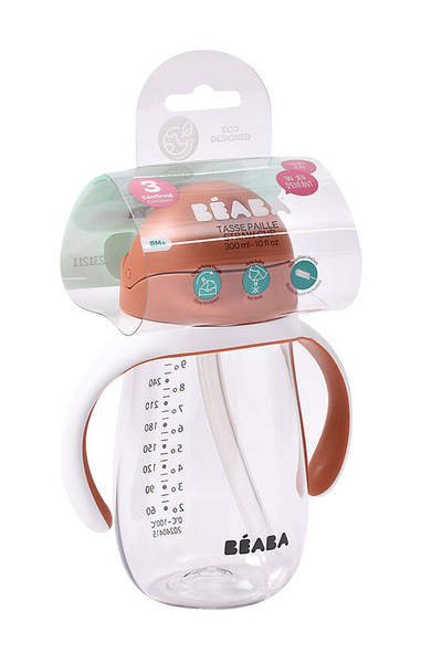 Butelka - kubek niekapek ze słomką i uchwytami 300 ml Terracotta 8 m+, Beaba