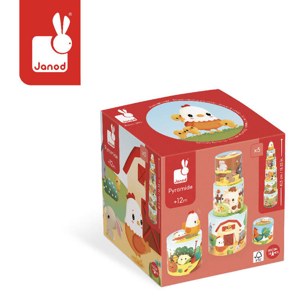 Piramida wieża Farma Kurka 6 elementów - zabawka dla dzieci 12 m+, Janod