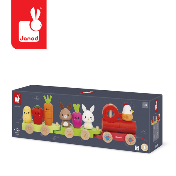 Zestaw drewniane klocki - pociąg z figurkami Farma, dla dzieci, 12 m+, Janod