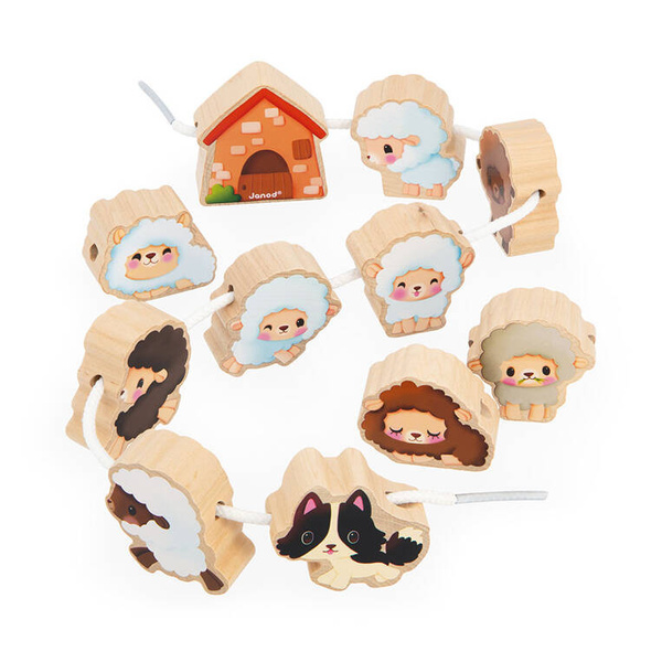 Edukacyjna Nawlekanka z drewnianymi owieczkami Farma 2 lata+, Janod