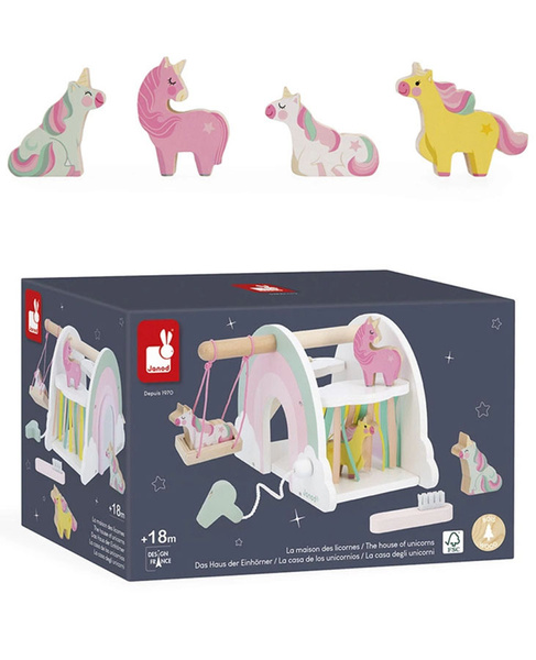 Drewniany domek jednorożców z 5 akcesoriami - zestaw dla dzieci 18m+, Janod