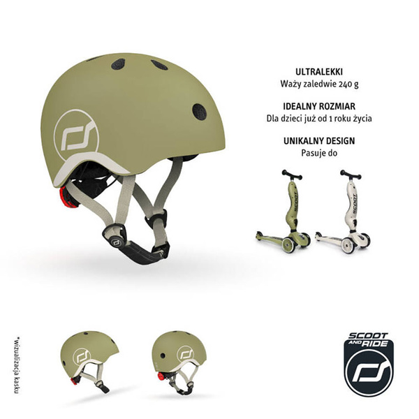 Zestaw: Scoot and Ride Kask dla dzieci 1-5 lat rozm. XXS-S, kolor: Olive + ochraniacze rozm. XXS, kolor: Black