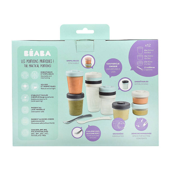 Zestaw słoiczków Clip 12 szt. (2x90ml, 4x150ml, 6x250ml) + 2 łyżeczki Storm, Beaba