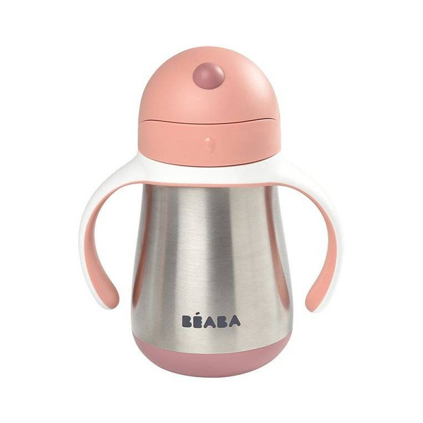 Butelka - kubek niekapek stalowa ze słomką 250 ml old pink, Beaba