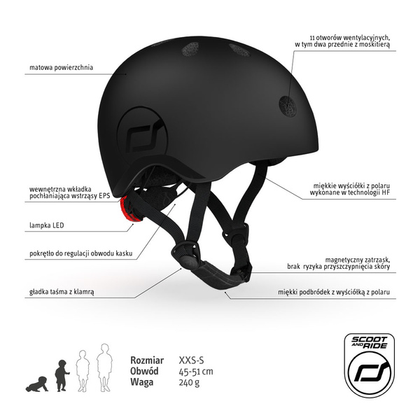 Zestaw: Scoot and Ride Kask dla dzieci 1-5 lat rozm. XXS-S, kolor: Black (czarny) + ochraniacze rozm. XXS