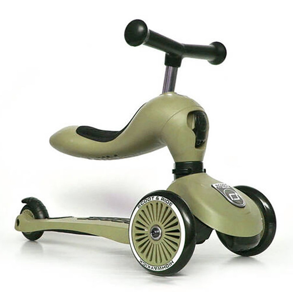Zestaw: Scoot and Ride HK1 2w1 jeździk i hulajnoga dla dzieci 1-5 lat, kolor: Olive + kask rozm. XXS-S i ochraniacze XXS