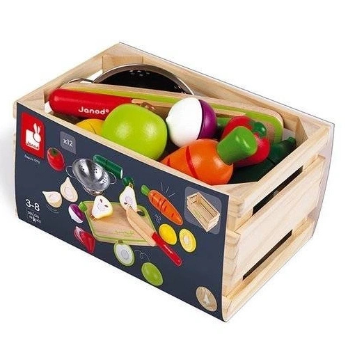 Drewniana skrzynka z warzywami i owocami do krojenia oraz akcesoriami 23 elementy, Janod