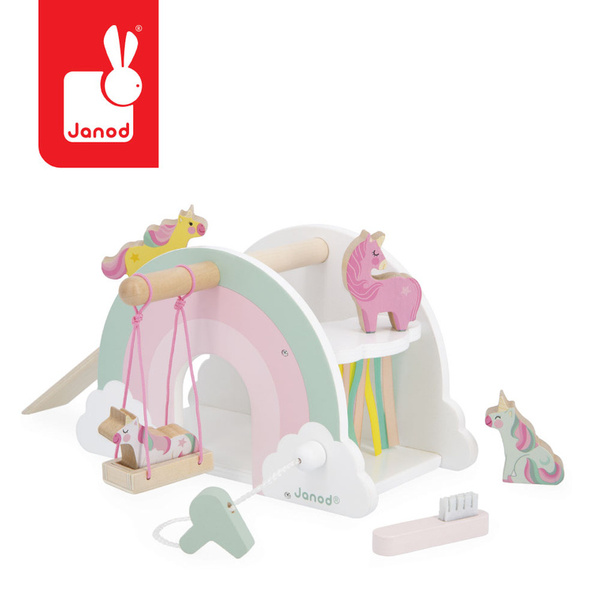 Drewniany domek jednorożców z 5 akcesoriami - zestaw dla dzieci 18m+, Janod