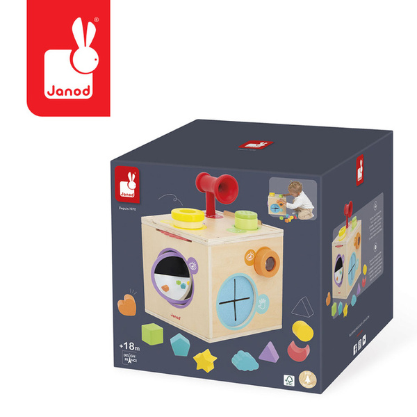 Kostka sensoryczna drewniana - zabawka edukacyjna, dla dzieci, 18 m+, Janod