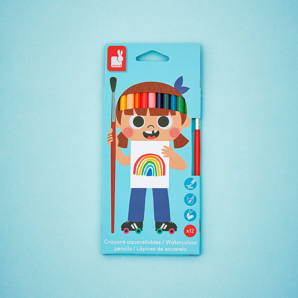 Zestaw kreatywny - Kredki akwarelowe z pędzelkiem 12 kolorów 3 lata+, Janod