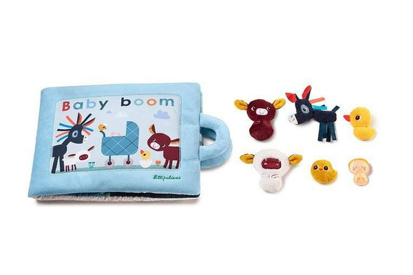 Miękka książeczka aktywizująca z mini - przytulankami „Baby boom” Farma 18 m+, Lilliputiens