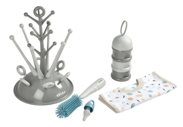 zestaw prezentowy dla noworodka (suszarka i szczotka do butelek, śliniak, pojemniki na mleko), Beaba