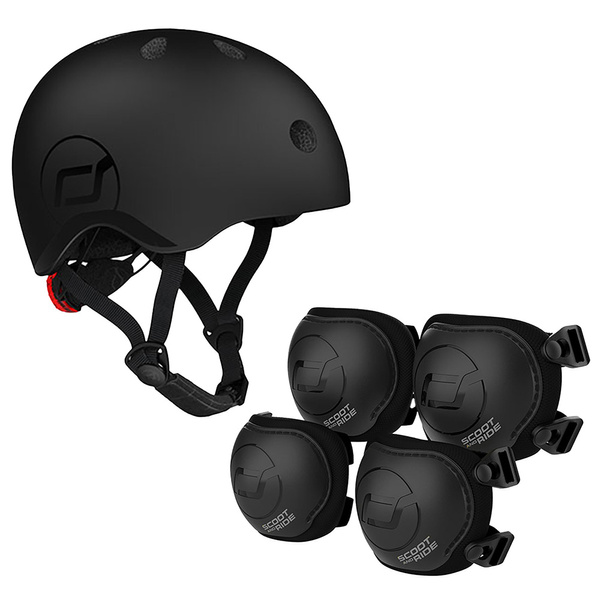 Zestaw: Scoot and Ride Kask dla dzieci 1-5 lat rozm. XXS-S, kolor: Black (czarny) + ochraniacze rozm. XXS