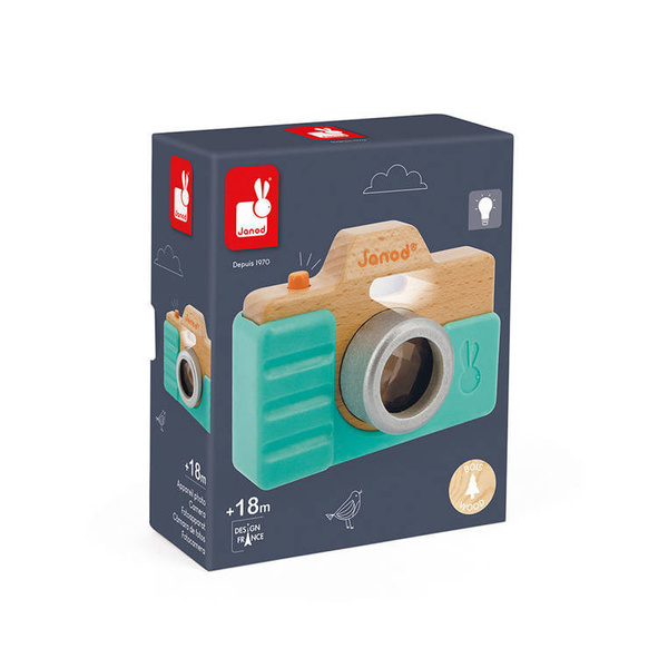 Drewniany aparat fotograficzny dla dzieci z dźwiękiem i lampą błyskową 18 m+, Janod