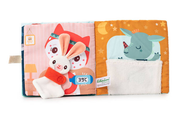 Miękka książeczka aktywizująca z mini-komforterem „Joe i jego przytulanka” 12 m+, Lilliputiens