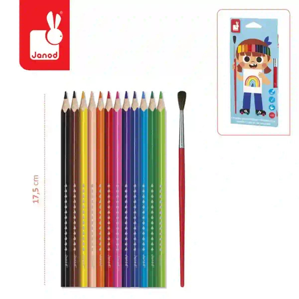 Zestaw kreatywny - Kredki akwarelowe z pędzelkiem 12 kolorów 3 lata+, Janod