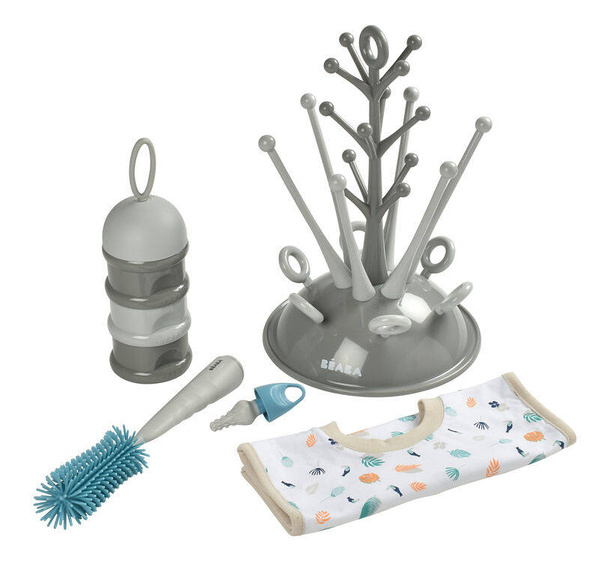 zestaw prezentowy dla noworodka (suszarka i szczotka do butelek, śliniak, pojemniki na mleko), Beaba