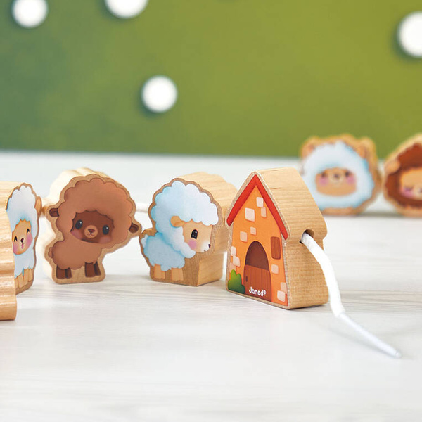 Edukacyjna Nawlekanka z drewnianymi owieczkami Farma 2 lata+, Janod