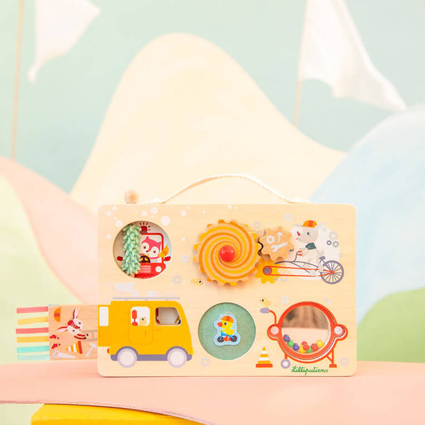 Drewniana tablica manipulacyjna, walizka Pojazdy dla dzieci 12 m+, Lilliputiens