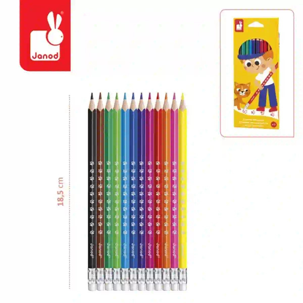 Zestaw kreatywny - Kredki ołówkowe zmazywalne z gumką, 3 lata+, Janod