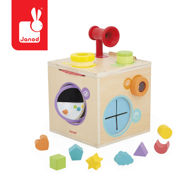 Kostka sensoryczna drewniana - zabawka edukacyjna, dla dzieci, 18 m+, Janod