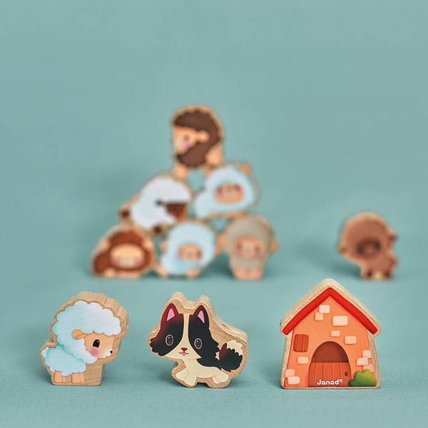 Edukacyjna Nawlekanka z drewnianymi owieczkami Farma 2 lata+, Janod