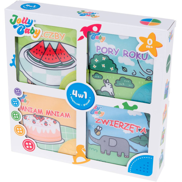 Książeczki Gryzaki 4W1 - zabawki edukacyjne dla dzieci 0 m+, Jolly Baby