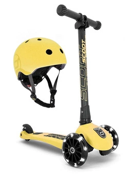 Zestaw: Scoot and Ride Highwaykick 3 LED Hulajnoga składana ze świecącymi kółkami 3+, kolor: Lemon + kask S-M, kolor: Lemon