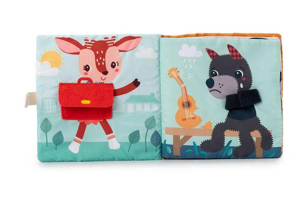 Miękka książeczka aktywizująca z mini-komforterem „Joe i jego przytulanka” 12 m+, Lilliputiens