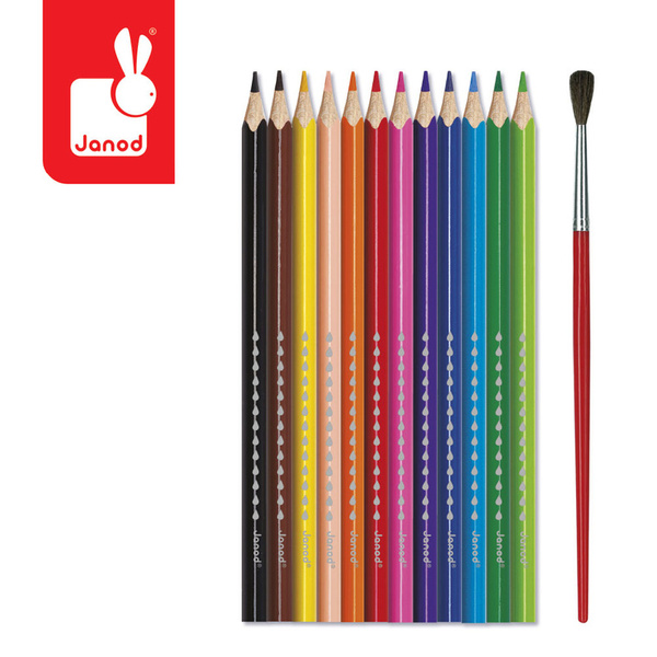 Zestaw kreatywny - Kredki akwarelowe z pędzelkiem 12 kolorów 3 lata+, Janod