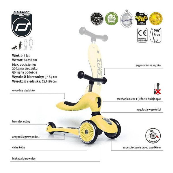 Scoot and Ride HK1 2w1 jeździk i hulajnoga dla dzieci 1-5 lat, kolor: Lemon