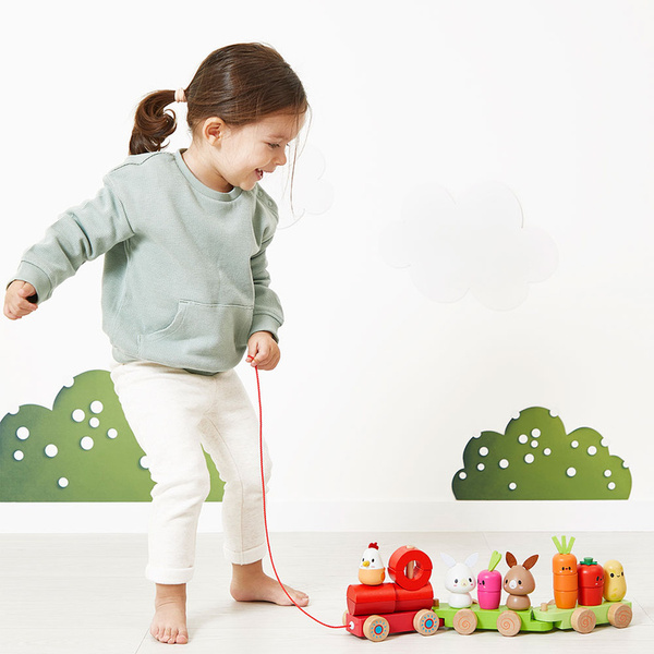 Zestaw drewniane klocki - pociąg z figurkami Farma, dla dzieci, 12 m+, Janod