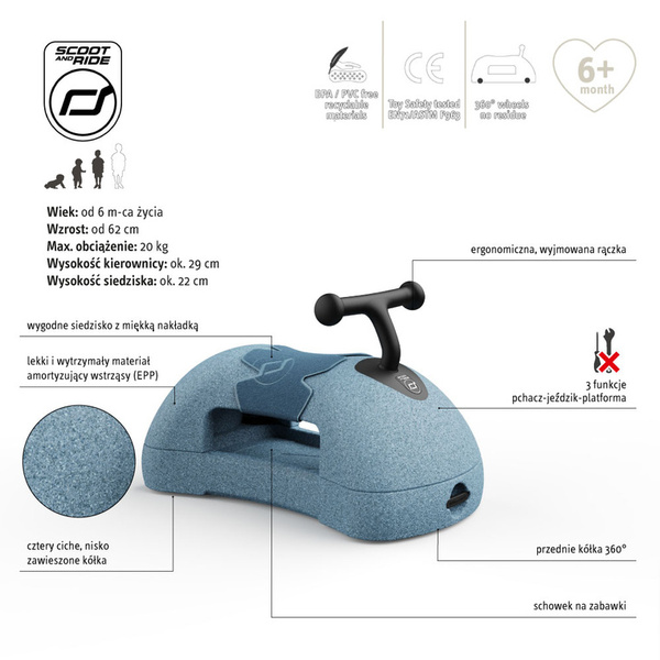 Scoot and Ride My First 3w1 pchacz, jeździk i deska na kółkach dla dzieci 6 m+, kolor: Steel