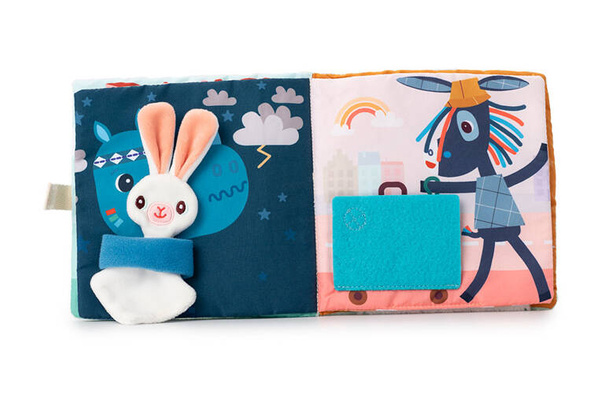 Miękka książeczka aktywizująca z mini-komforterem „Joe i jego przytulanka” 12 m+, Lilliputiens