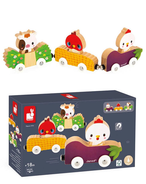 Magnetyczne drewaniane pojazdy ze zwierzątkami gospodarskimi Farma 18 m+, Janod