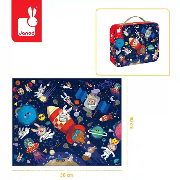 Puzzle w walizce Rakieta kosmiczna, 54 elementy, dla dzieci, 5 lat+, Janod