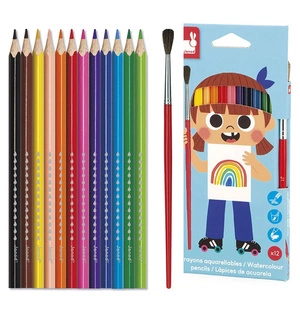 Zestaw kreatywny - Kredki akwarelowe z pędzelkiem 12 kolorów 3 lata+, Janod