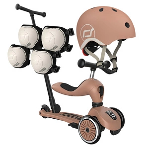 Zestaw: Scoot and Ride HK1 Push and Go 2w1 jeździk i hulajnoga dla dzieci 1-5 lat, kolor: Mocha + kask rozm. XXS-S + ochraniacze XXS