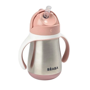 Butelka - kubek niekapek stalowa ze słomką 250 ml old pink, Beaba