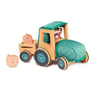 Lilliputiens Drewniany traktor z przyczepą i 2 świnkami Krówka Rosalie 2 lata+
